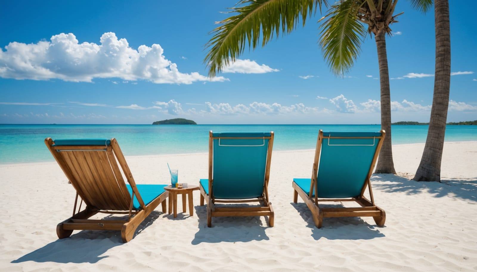 Empty wooden loungers on white sand beside turquoise water under palm trees