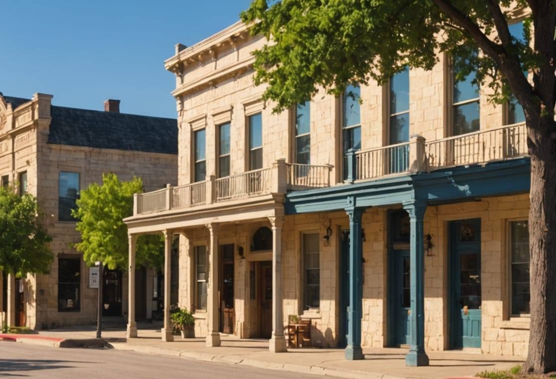 A small-town main street lined with cream limestone buildings and porches