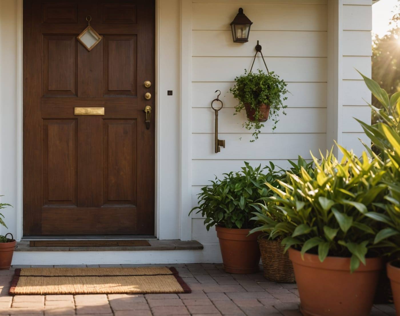 A brass key on a wall hook beside a wooden front door with potted plants