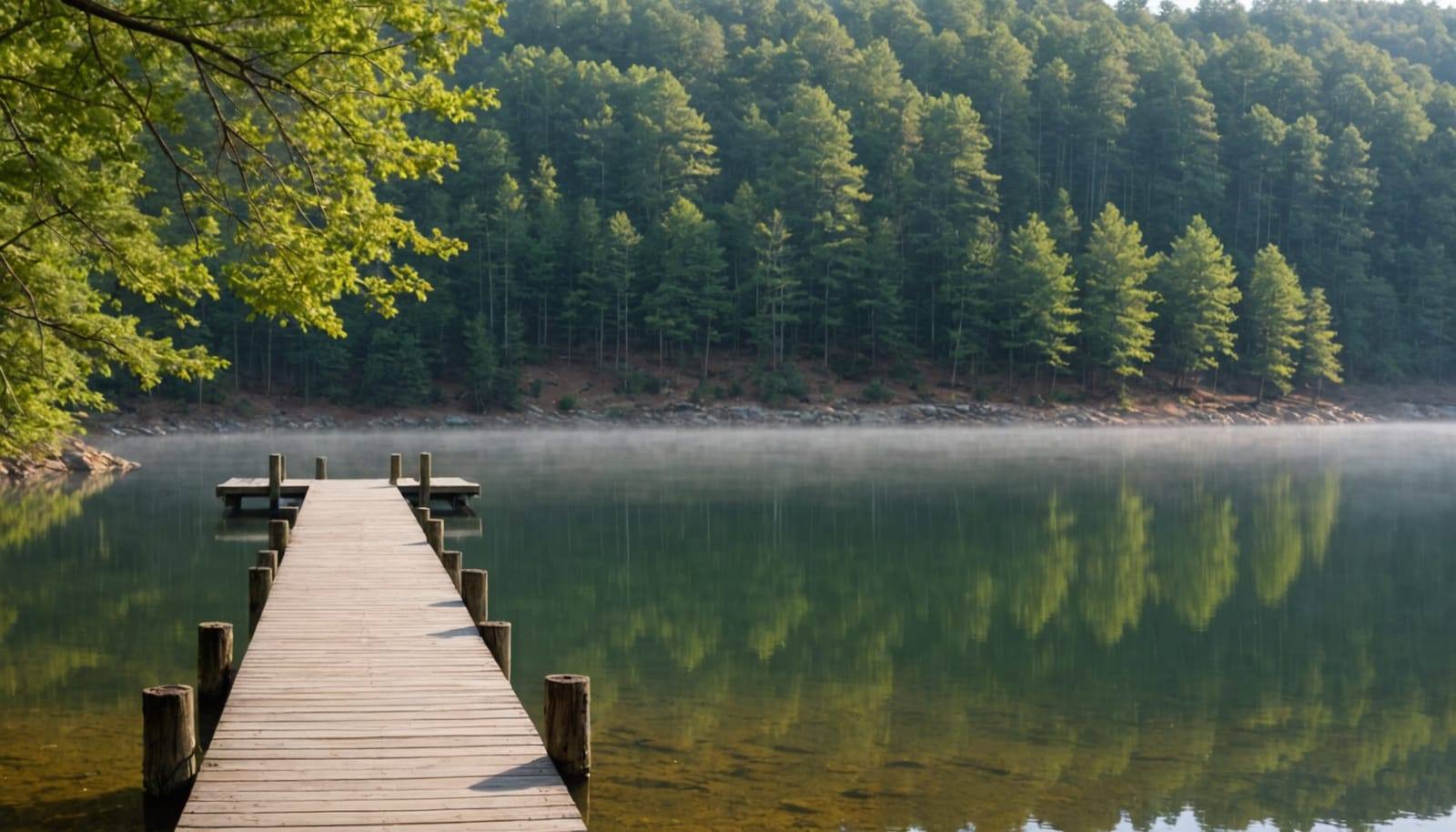 A wooden dock on a misty lake cove below pine-covered hills