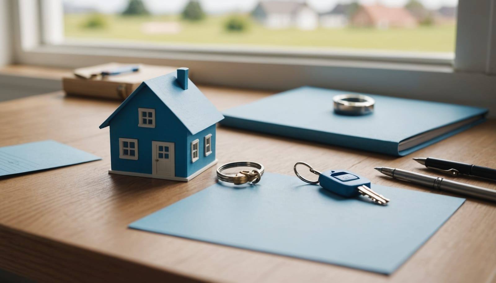 A ring of house keys beside a small blue model house on a wooden desk