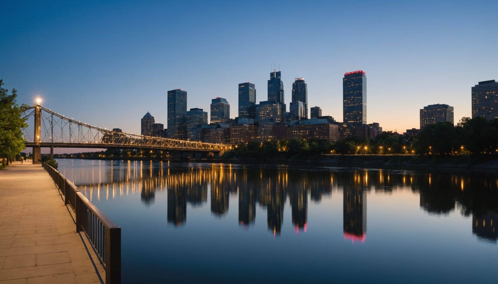 A downtown riverfront at dusk with a lit bridge, tall buildings and calm water