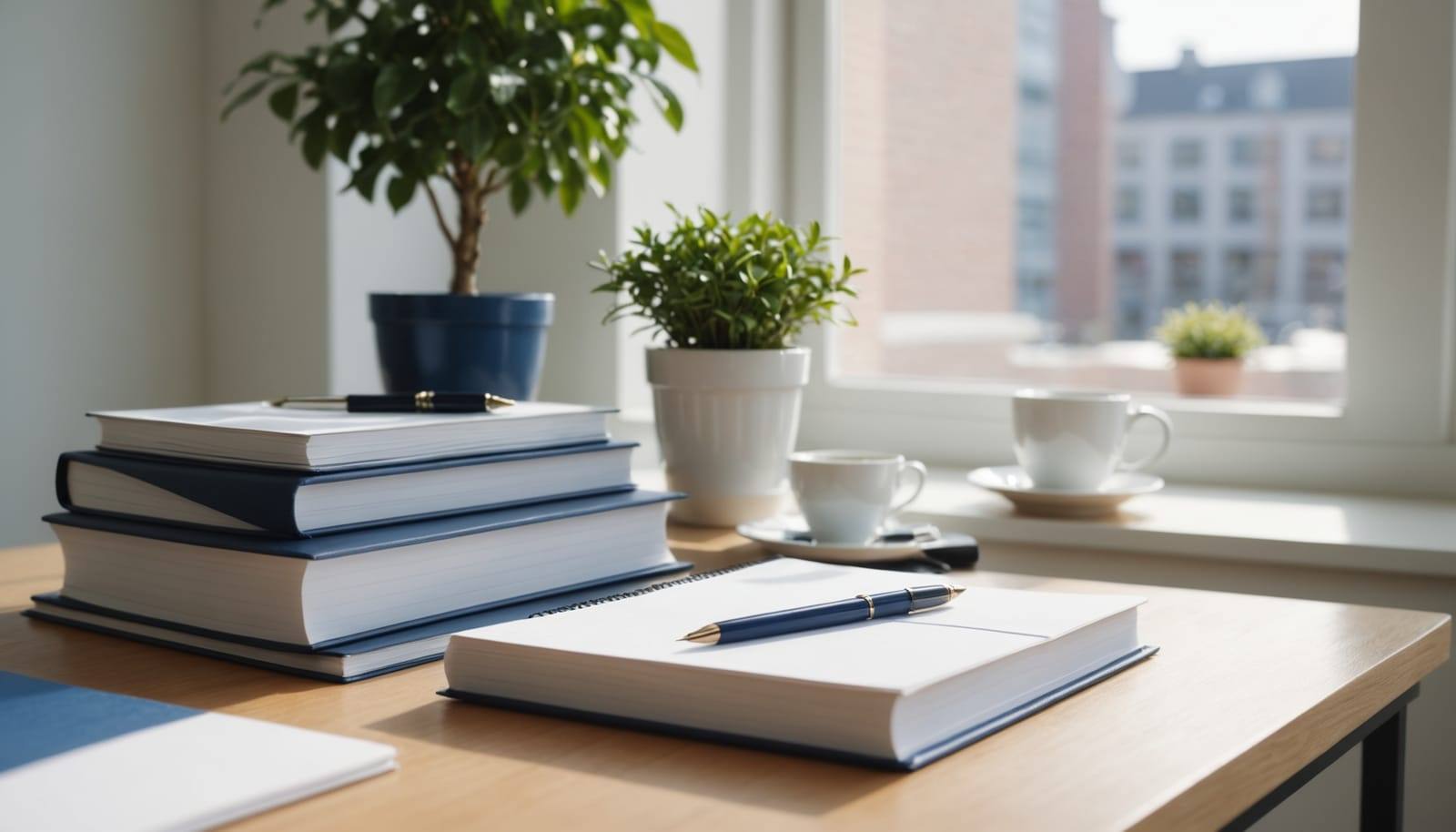 A sunlit desk with folders, a notebook, a pen and a coffee cup