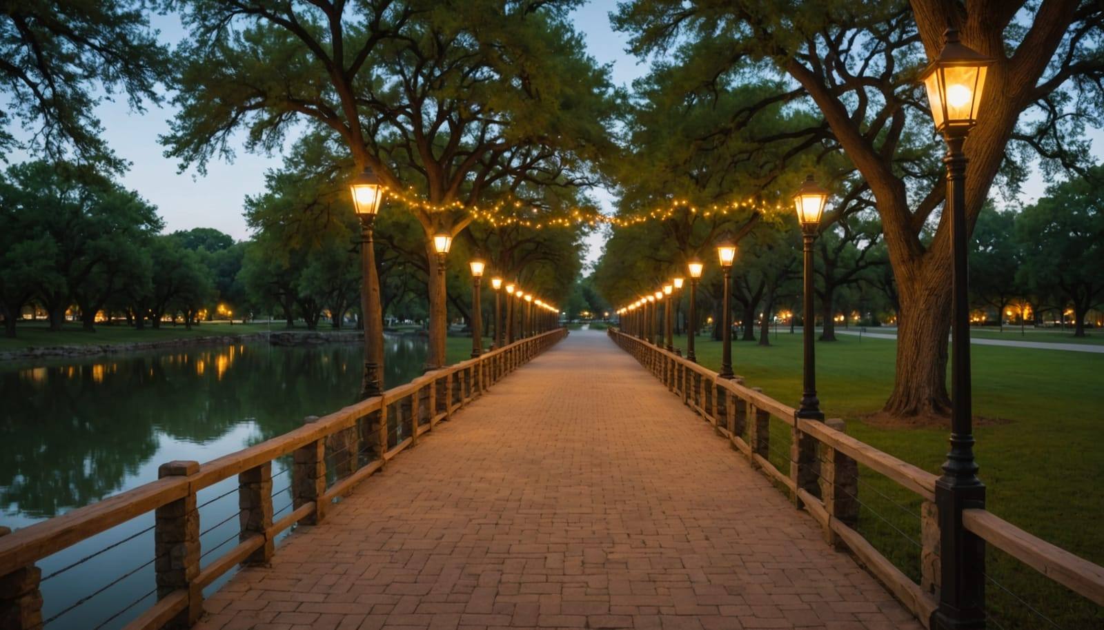 A lamplit riverside walkway under live oaks at dusk