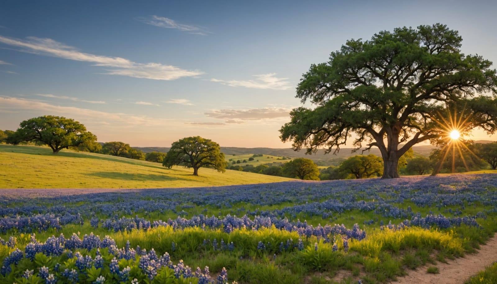 Rolling hills with live oaks and bluebonnets at sunset