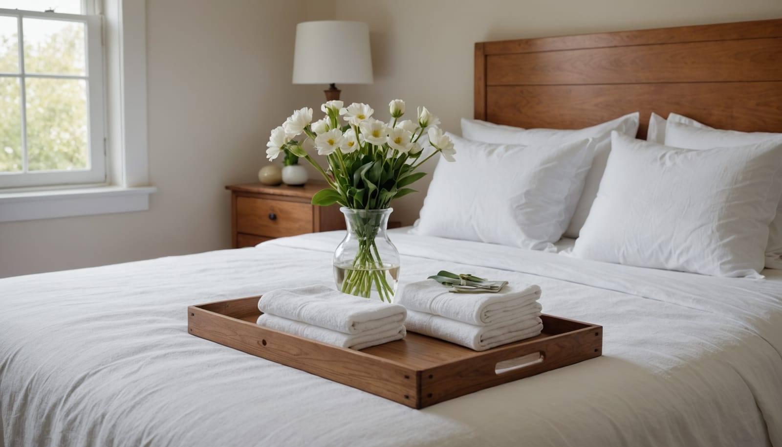 A bedroom made up with white linens, folded towels and fresh flowers