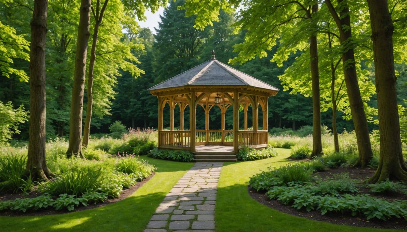 A wooden garden pavilion at the end of a stone path in a green woodland